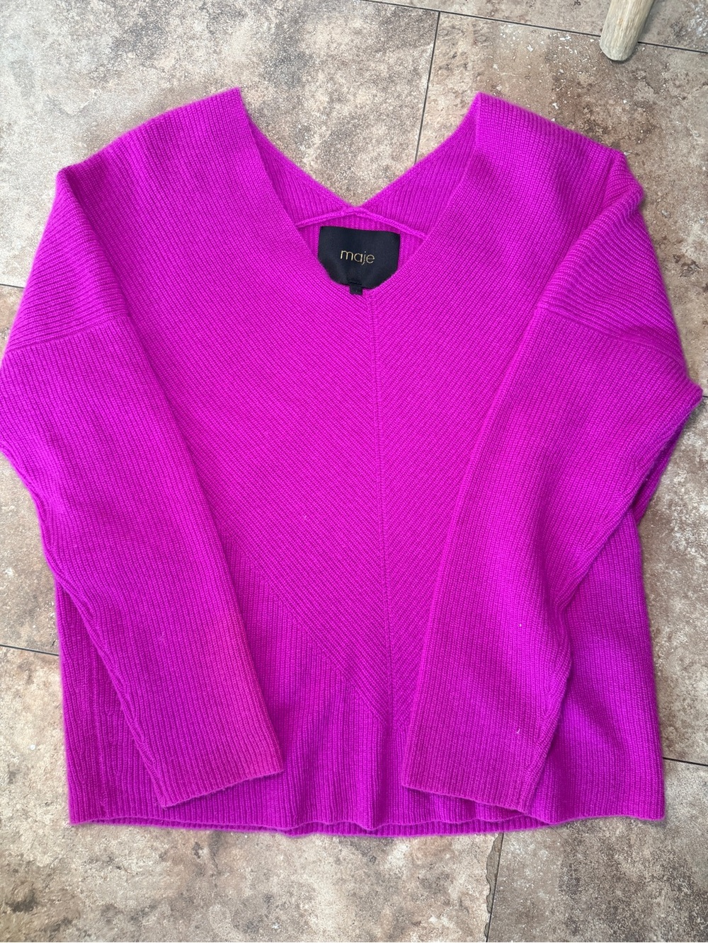 Maje Vivid Fuchsia Ribbed V-Neck Sweater